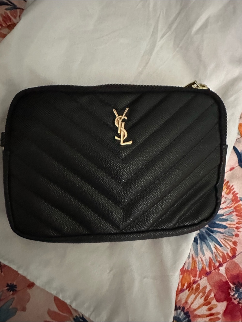 YSL Black Quilted Cosmetic Pouch with Gold Logo